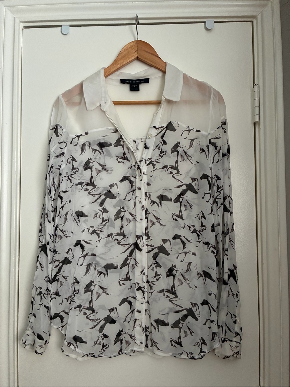 French Connection White Sheer Button-Up Shirt with Black Horse Print